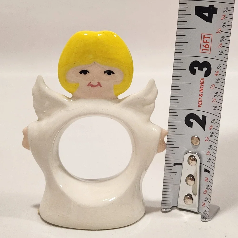 Vintage Ceramic Angel Napkin Rings Set of 8 Blonde Cherub Christmas White Yellow
